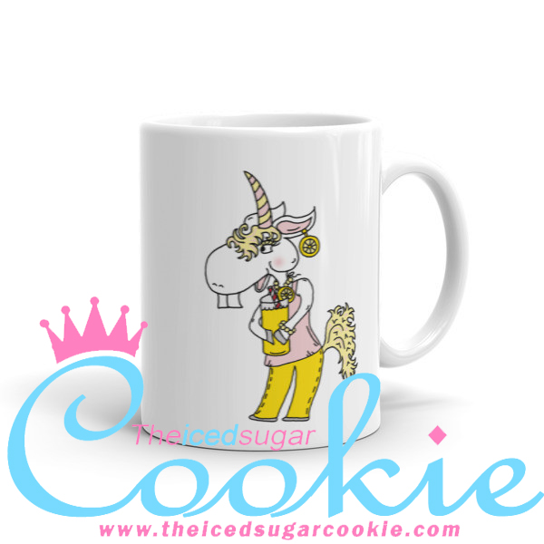Unicorn Drinking Lemonade. Coffee Cup Mug by The Iced Sugar Cookie. Unique one of kind cartoon illustrations of unicorn. Great as Birthday gifts for loved ones