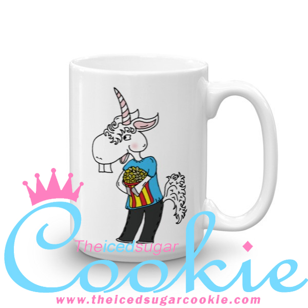 Unicorn Eating Popcorn. Coffee Cup Mug by The Iced Sugar Cookie. Unique one of kind cartoon illustrations of unicorn. Great as Birthday gifts for loved ones