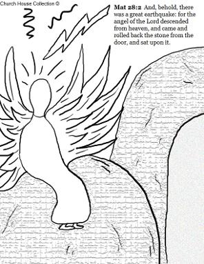 Angel sitting on tomb stone Easter coloring page Matthew 28:2 Rolled the stone away