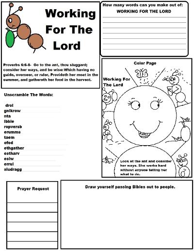Working for the Lord Printable Sunday School activity sheet