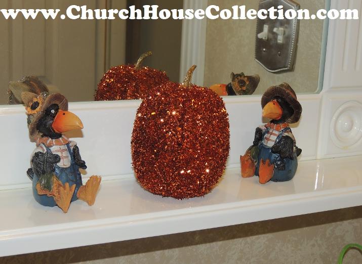DIY Fall Shower Curtain For Your Bathroom by Church House Collection- Fall Scarecrows, Pumpkins, Orange toilet set cover and floor rug