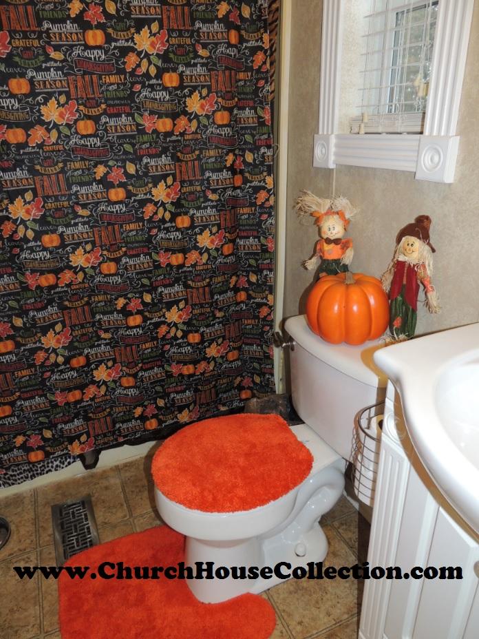 DIY Fall Shower Curtain For Your Bathroom by Church House Collection- Fall Scarecrows, Pumpkins, Orange toilet set cover and floor rug