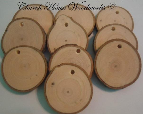 Wood Slices With Holes- Use for Christmas Decorations and draw or paint on them. By Church House Woodworks- Rustic Wedding Supplies- Wood Tree Supplies