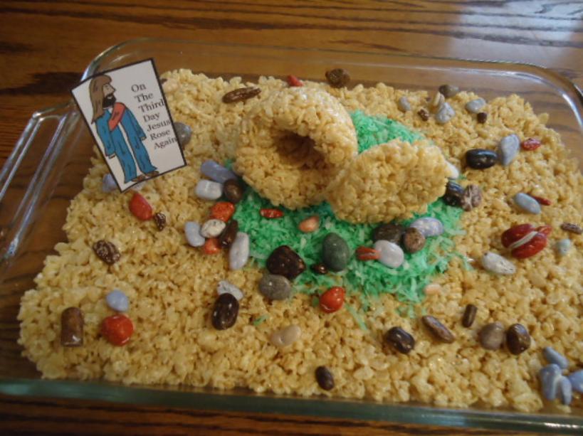 Easter Rice Krispy Tomb Cake Recipe-Easter Snacks for Preschool Kids for Sunday school or children's church by ChurchHouseCollection.com Jesus Tomb Rice Krispy Treat Cakes