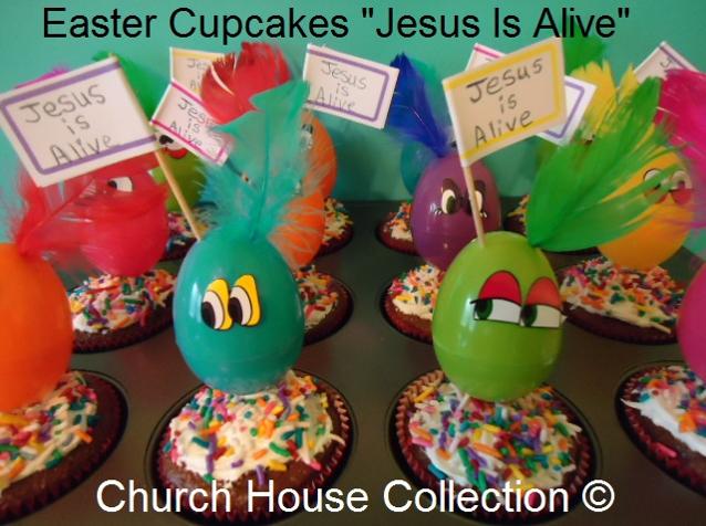 Easter Snacks Easter Cupcakes Jesus Is Alive by ChurchHouseCollection.com Plastic Easter Eggs used as cupcake toppers with feathers