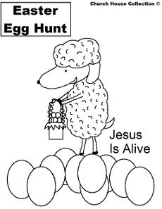 Easter Egg Hunt Coloring Pages- Easter Coloring Pages- Jesus is Alive-Sheep holding a Easter Basket standing on Easter Eggs coloring pages by ChurchHouseCollection.com Easter Egg Coloring Pages for Sunday School Preschool Kids 