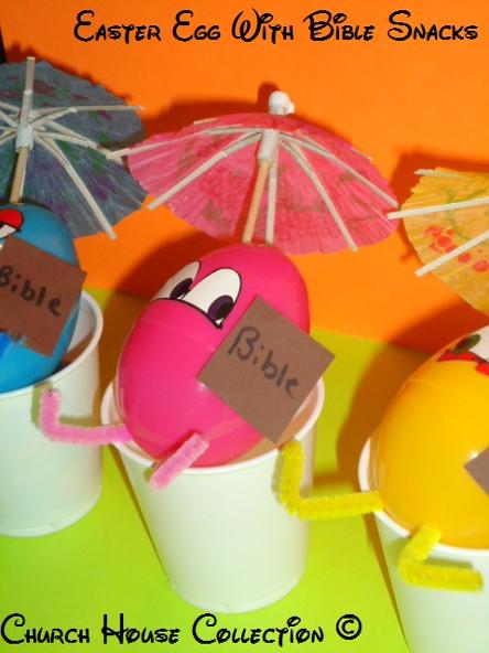Easter Egg With Bible Snacks For Kids In Sunday School using Plastic eggs and umbrellas by ChurchHouseCollection.com