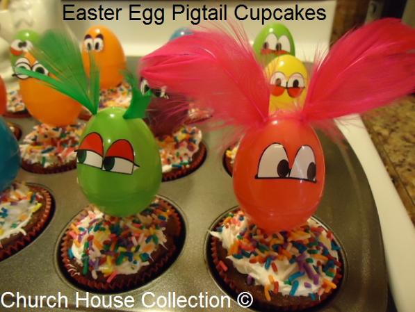 Easter Snacks Easter Egg Cupcakes With Pigtails Feathers by ChurchHouseCollection.com - Plastic Easter Eggs Snack Ideas for Kids