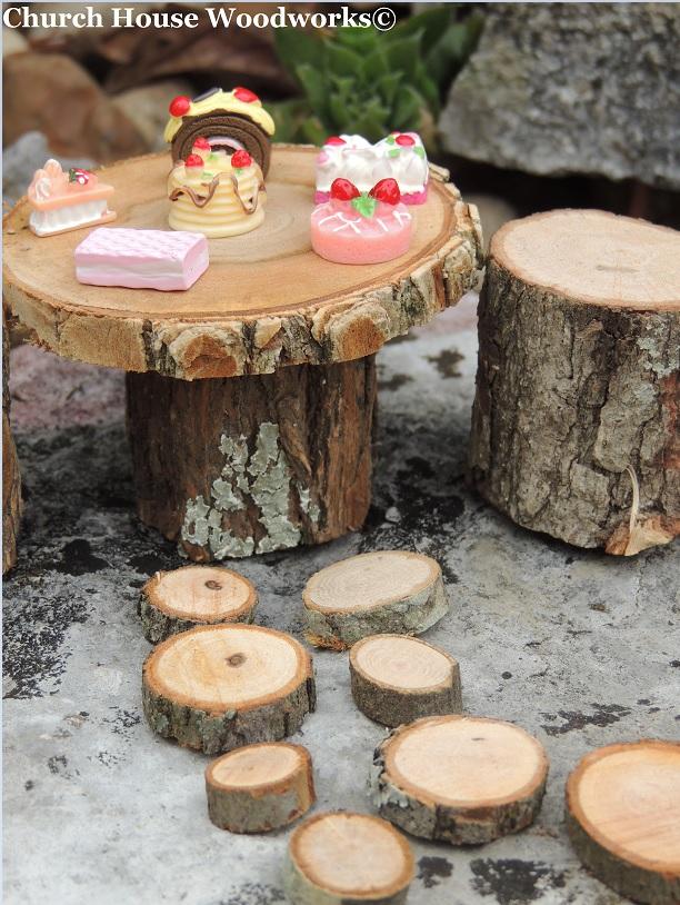 Wood Slices For Sale- Rustic Wood Miniature Table with Stump Chairs and tiny mini wood slices for rock path- Use for Garden Decorations. By Church House Woodworks