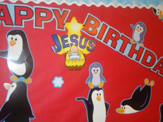 Happy Birthday Jesus Penguin Bulletin Board Idea for Christmas Children's CHurch