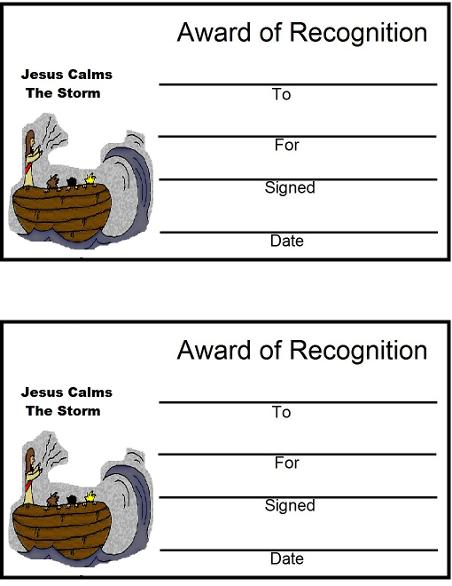 Jesus Calms the Storm Award certificate sunday school lesson