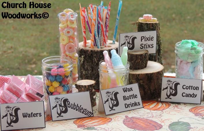 Rustic Wood Place Card Holders For Food Cards- Use for Birthday Party Events- Skunk Woodland Wafers, Bubblegum, Wax bottle drinks, pixie sticks, cotton candy- Wood Supplier