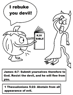 Pumpkin Holding Bible Rebuking Devil Coloring Page
