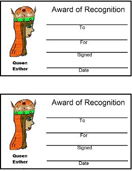 Queen Esther  Award  Certificate