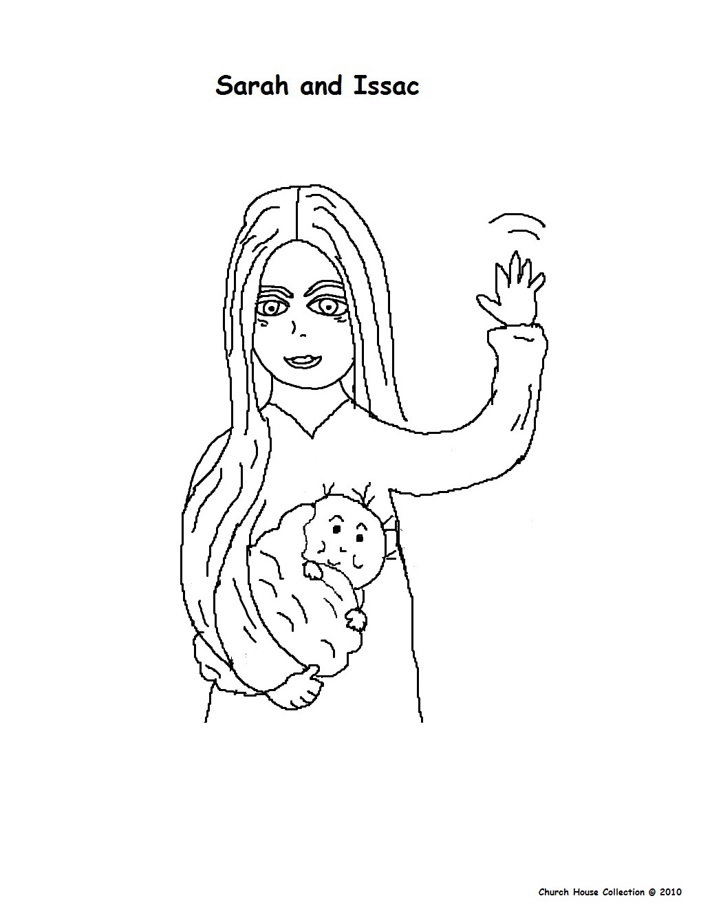 Colouring page of Sarah and baby Isaac at