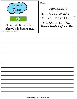 Ten Commandments Thou shalt have no other gods before me word in a word activity sheet for kids
