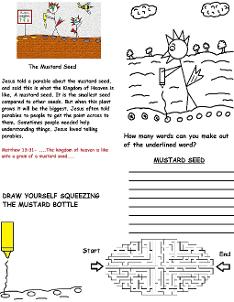 The parable of the mustard seed wild card sunday school lesson activity sheet for kids