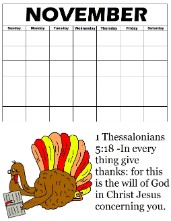 Printable Turkey Calendar -Turkey Reading Bible- 1 Thess 5:18