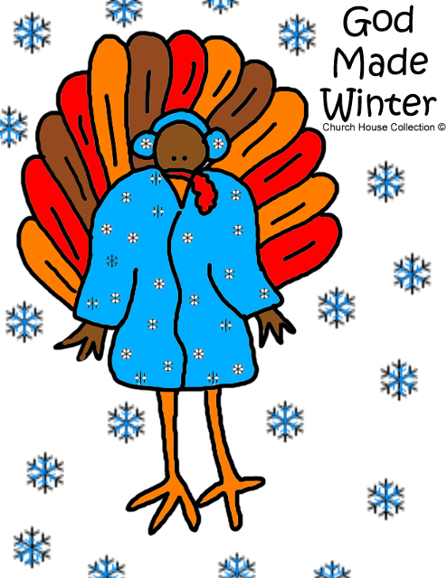 Turkey Wearing Winter Coat Earmuffs Snow Snowflakes God Made Winter Turkey Coloring Pages Free Printables sheets Sunday school children's Church kids