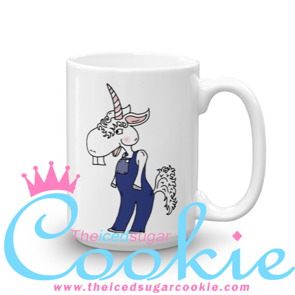 Unicorn Hillbilly Wearing Overalls.Coffee Cup Mug by The Iced Sugar Cookie. Unique one of kind cartoon illustrations of unicorn. Great as Birthday gifts for loved ones 