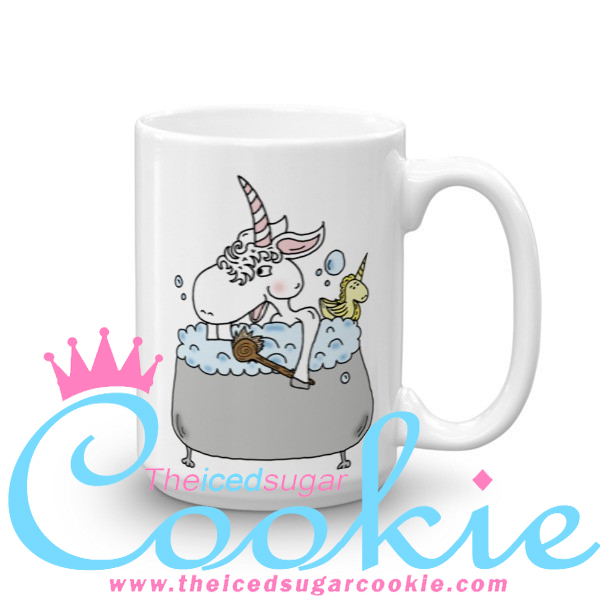 Unicorn Taking A Bubble Bath With A Rubber Ducky. Coffee Cup Mug by The Iced Sugar Cookie. Unique one of kind cartoon illustrations of unicorn. Great as Birthday gifts for loved ones!