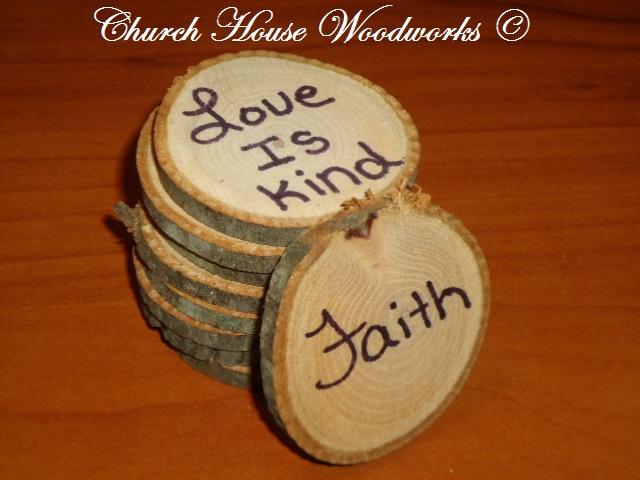 Rustic Wood Slices For Crafts- Love Is Kind, Faith...By Church House Woodworks- Use Wood Slices for Decorations at Birthday Party Events or Rustic Weddings.
