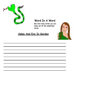 Adam and Eve Word In A Word Satan and Eve Word In A Word Activity Sheet for Kids Worksheets for Preschool kids to go with Adam and Eve Sunday school lesson by Church House Collection