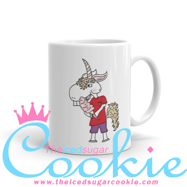 Unicorn Eating Cotton Candy. Coffee Cup Mug by The Iced Sugar Cookie. Unique one of kind cartoon illustrations of unicorn. Great as Birthday gifts for loved ones
