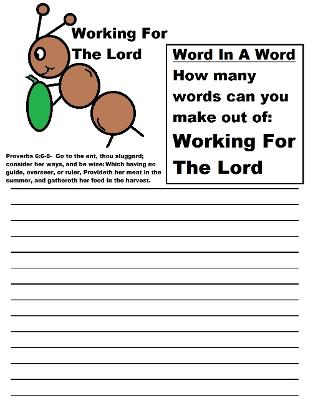 Word in a word sunday school activity sheet ant lesson