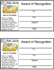 Baby Jesus In The Manger Holding With Away In The Manger Lyrics Award Certificate