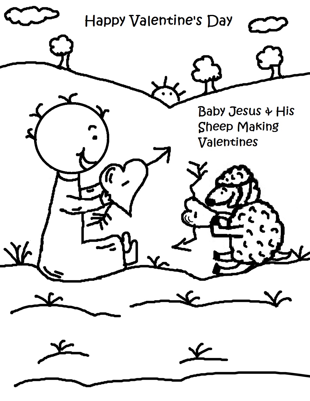 Valentine s Day Coloring Pages Baby Jesus and his sheep making Valentines
