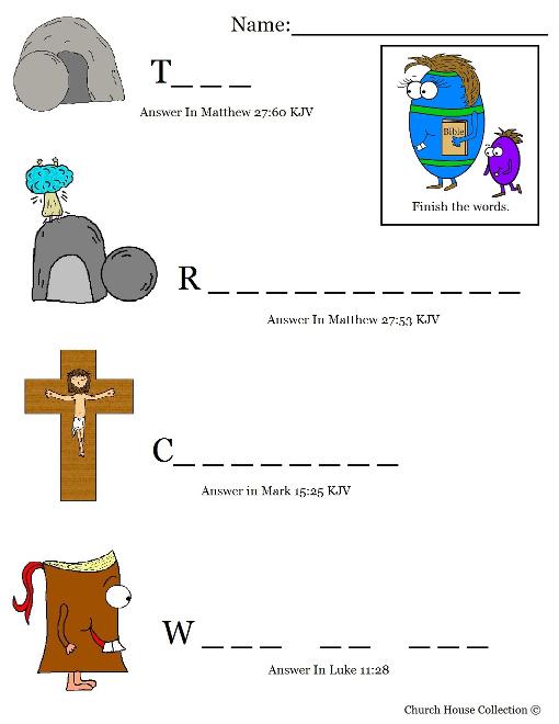 Easter Egg With Bible Fill In The Blanks Sunday School Kids Worksheet by ChurchHouseCollection.com Easter Worksheets for Childrens Church