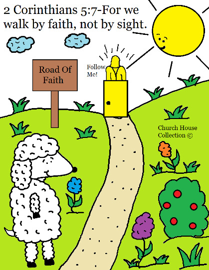 2 Corinthians 5:7 For We walk by faith not by sight coloring page. Sheep On The Road To Jesus.