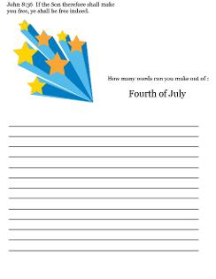 Fourth of July Sunday School Lesson For Kids- Word In a Word Printable Sheet for Sunday school