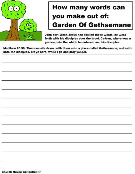 Garden of Gethsemane word in a word activity sheet for kids