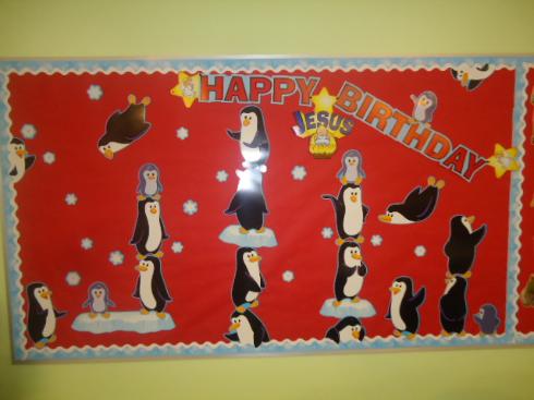 Happy Birthday Jesus Penguin Bulletin Board Idea for Christmas Children's CHurch