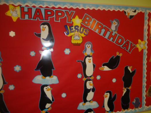 Happy Birthday Jesus Penguin Bulletin Board Idea for Christmas Children's CHurch