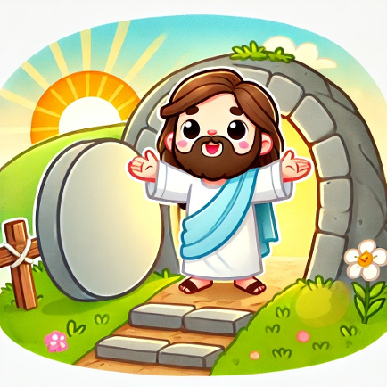 Jesus is alive Easter Resurrection with Jesus standing next to the open tomb door. Free toddler Sunday school lessons for toddlers with craft ideas, snack ideas, game ideas and more by Church House Collection Store.
