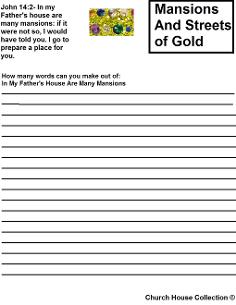 Mansions and Streets of Gold Activity Sheet for Sunday Shcool