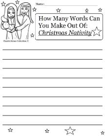Nativity Word In A Word- Christmas Nativity see how many words you can make out of Christmas Nativity Sheet for kids for Sunday school Children's church