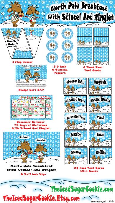 North Pole Breakfast With Stincel and Ringlet-Christmas Party Printables for a family tradition. Food Tent Cards, Flag Banners, Cupcake Toppers, Recipe Card, Activity planner calendar, and Table Sign by TheIcedSugarCookie.com Winter Party For Kids
