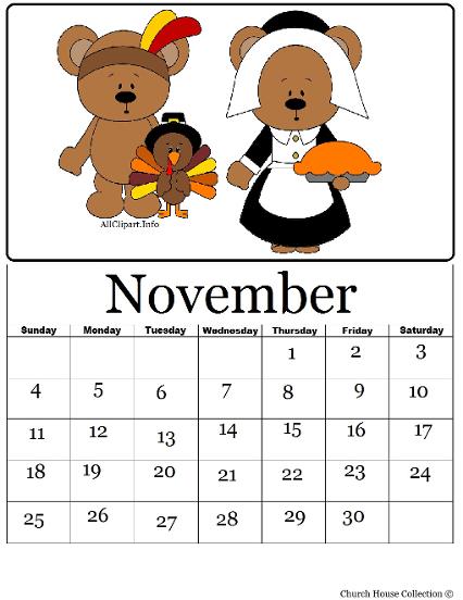 Printable Thanksgiving Pilgrim Indian Teddy bear Turkey Calendar November 2012