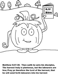 Free Pumpkin Coloring Pages For Sunday School Children's Church Preschool Kids by Church House Collection- Pumpkin Holding His Bible Coloring Sheet- Matthew 9:37-38 Harvest is plenteous but the labourers are few. Fall Festival Coloring Pages For Church.