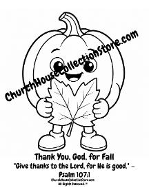 Pumpkin Thank You, God, for Fall Leaf Bible Sunday School Coloring Page for Preschool Kids