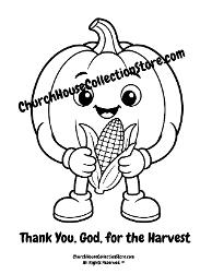 Pumpkin Thank You, God, for the Harvest Corn Cob Bible Sunday School Coloring Page for Preschool Kids