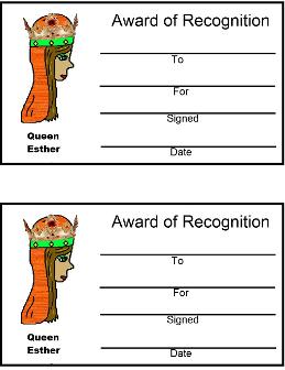 Queen Esther Award Certificate