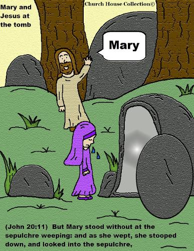 Mary and Jesus At The Tomb. Easter Resurrection Cartoon Clipart Picture by Church House Collection©