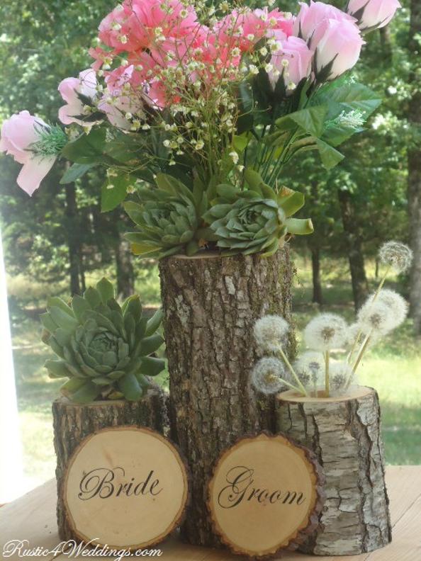 Rustic Wedding Supplies. Bride and Groom Wood Slice Signs. Wood Candle Holders. Tree Branch Flower Holders. Rustic Wedding Cake Server Set.