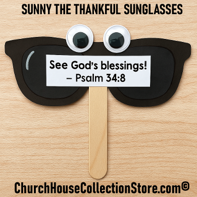 Summer Sunglasses Bible Craft made with a popsicle stick. Thankful For God's blessings. Church House Collection Store. Free Preschool Toddler Crafts and Lessons