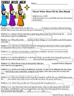 Three WIse Men Fill in the blank activity sheet for kids for Children's Church Christmas KJV